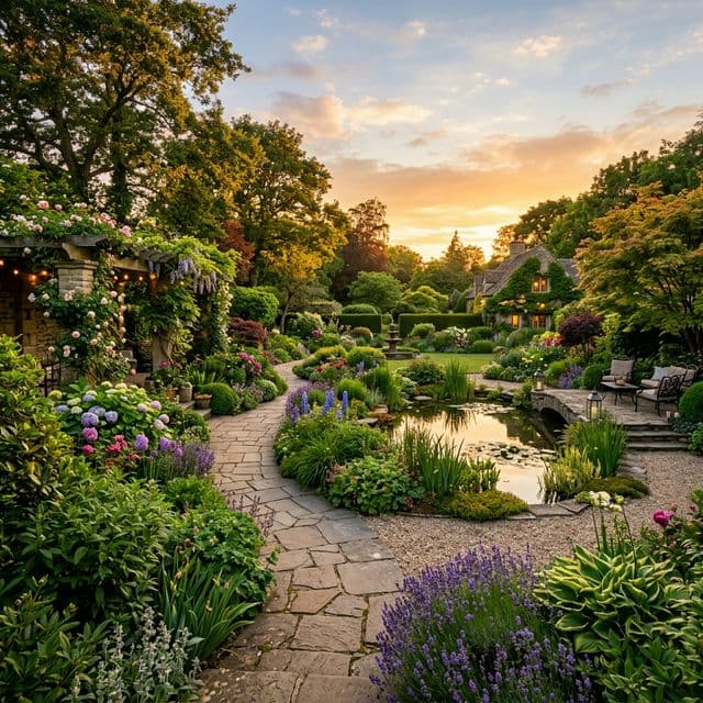 Beautiful garden at sunset